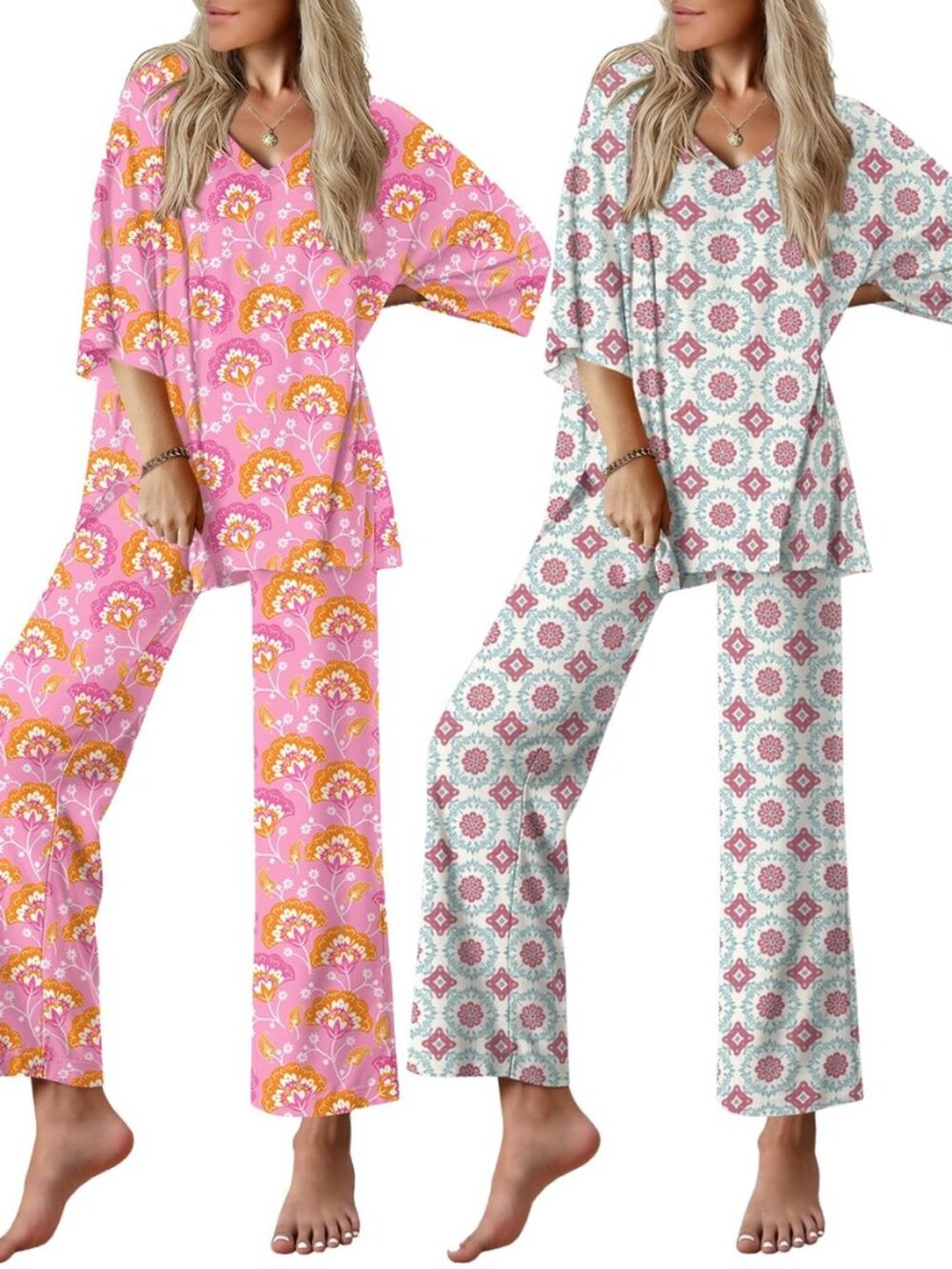2 Packs Lounge Set for Women Short Sleeve Pajamas Top and Long Pant